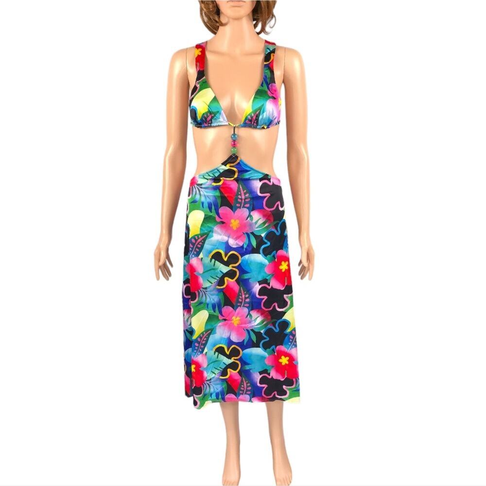 For Love & Lemons Midi Dress Silk Blend Floral Cut Out Colorful Retro Tropical